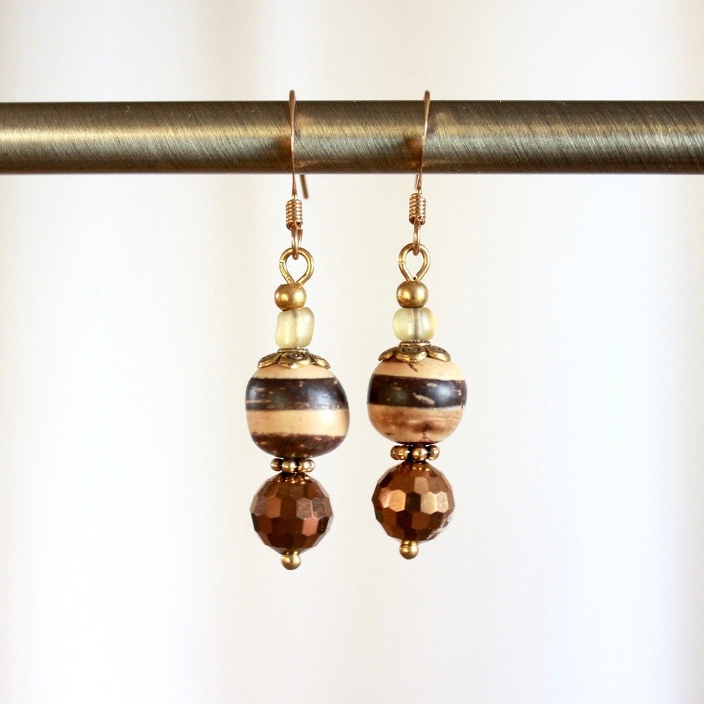 Boho Striped Wood Beaded Drop Earrings‎ Brown Bronze Gold Tone Dangle I10